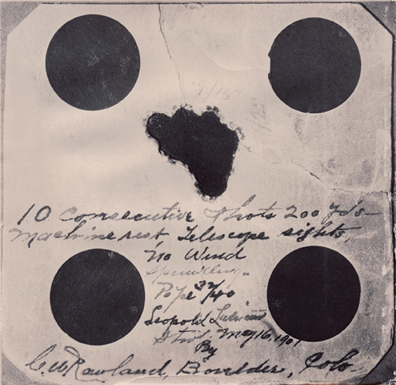 The record 200-yard, 10-shot group fired by Charles W. Rowland on May 16, 1901, measuring .725 inch. Vintage photograph of the original, S. P. Garbe collection.